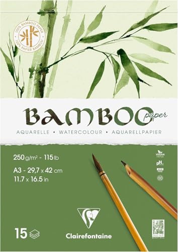 Clairefontaine 975920C - Block Bamboo Aquarelle, einseitg geleimt, 15 Blatt Bambuspapier 250g, DIN A3 29,37x42cm, 1 Block von Clairefontaine