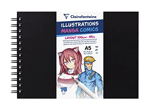 Clairefontaine 975945C - Spiralgebundene Skizzenbuch mit schwarzem Einband, ideal für Manga und Comics Illustrations DIN A5, 14,8x21cm, 75 Blatt, 100g, Weiß, 1 Stück von Clairefontaine