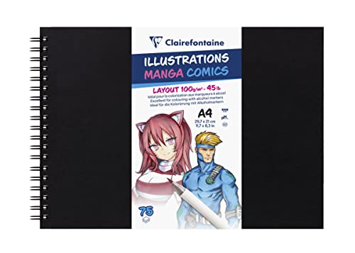 Clairefontaine 975946C - Spiralgebundene Skizzenbuch mit schwarzem Einband, ideal für Manga und Comics Illustrations DIN A4, 21x29,7cm, 75 Blatt, 100g, Weiß, 1 Stück von Clairefontaine