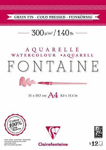 Clairefontaine 975947C - Aquarellblock Fontaine DIN A4 21x29,7cm, mit 12 Bogen 300g feinkörnig, zweiseitig geleimt, 1 Block von Clairefontaine