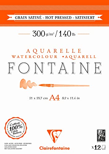 Clairefontaine 975948C - Aquarellblock Fontaine DIN A4 21x29,7cm, mit 12 Bogen 300g,satiniert, zweiseitig geleimt, 1 Block von Clairefontaine