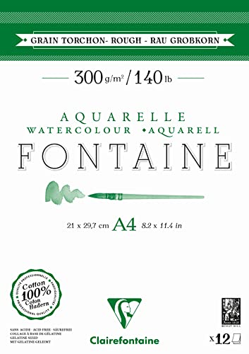 Clairefontaine 975949C - Aquarellblock Fontaine DIN A4 21x29,7cm, mit 12 Bogen 300g Torchon/Rau, zweiseitig geleimt, 1 Block von Clairefontaine