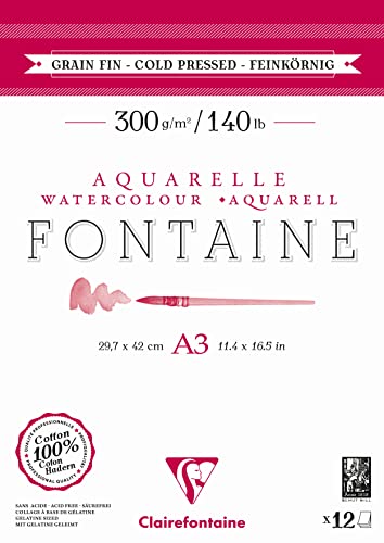Clairefontaine 975950C - Aquarellblock Fontaine DIN A3 29,7x42cm, mit 12 Bogen 300g feinkörnig, zweiseitig geleimt, 1 Block von Clairefontaine