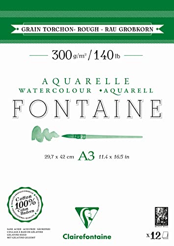Clairefontaine 975952C - Aquarellblock Fontaine DIN A3 29,7x42cm, mit 12 Bogen 300g Torchon/Rau, zweiseitig geleimt,Weiss/Grün, 1 Block von Clairefontaine