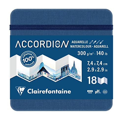 Clairefontaine 975968C - Akkordeon-Zeichenbuch ideal für die Aquarell, 7,4x7,4cm, 300g mittelfeine Körnung, 18 Blatt, ideal für Landschaften, 1 Stück von Clairefontaine