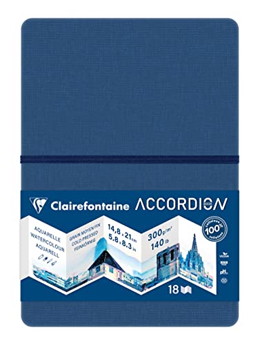 Clairefontaine 975969C - Akkordeon-Zeichenbuch ideal für die Aquarell, DIN A5 14,8x21cm, 300g mittelfeine Körnung, 8 Seiten, ideal für Landschaften, 1 Stück von Clairefontaine
