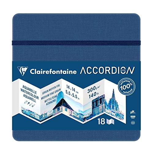 Clairefontaine 975970C - Akkordeon-Zeichenbuch ideal für die Aquarell, 14x14cm, 300g mittelfeine Körnung, 10 Seiten, ideal für Landschaften, 1 Stück von Clairefontaine