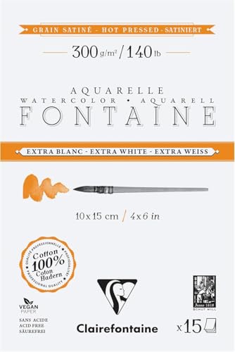 Clairefontaine 976017C - Block Aquarellpapier Fontaine extraweiß & satiniert, 4-seitig geleimt, 15 Blatt 300g 10x15 cm, 1 Stück von Clairefontaine