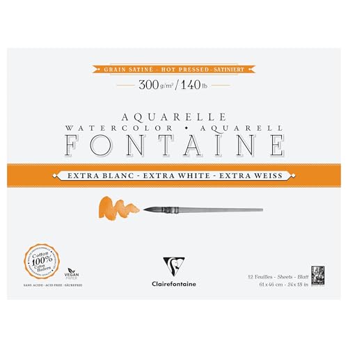 Clairefontaine 976024C - Block Aquarellpapier Fontaine extraweiß & satiniert, 4-seitig geleimt, 12 Blatt 300g 61x46 cm, 1 Stück von Clairefontaine