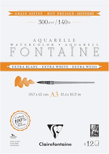 Clairefontaine 976028C - Block Aquarellpapier Fontaine extraweiß satiniert, 2-seitig geleimt, 12 Bogen A3 300g, 1 Stück von Clairefontaine