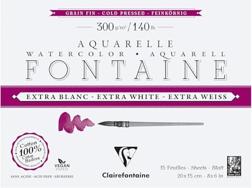 Clairefontaine 976038C - Block Aquarellpapier Fontaine Extraweiß feinkörnig, 4-seitig geleimt, 15 Bogen 300g 20x15 cm, 1 Stück Clairefontaine 976038C - Block Aquarellpapier Fontaine Extraweiß feinkörnig, 4-seitig geleimt, 15 Bogen 300g 20x15 cm, 1 Stück von Clairefontaine