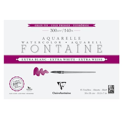 Clairefontaine 976039C - Block Aquarellpapier Fontaine Extraweiß feinkörnig, 4-seitig geleimt, 15 Bogen 300g 26x18 cm, 1 Stück Clairefontaine 976039C - Block Aquarellpapier Fontaine Extraweiß feinkörnig, 4-seitig geleimt, 15 Bogen 300g 26x18 cm, 1 Stück von Clairefontaine