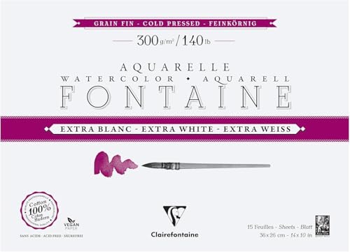 Clairefontaine 976041C - Block Aquarellpapier Fontaine Extraweiß feinkörnig, 4-seitig geleimt, 15 Bogen 300g 36x26 cm, 1 Stück von Clairefontaine