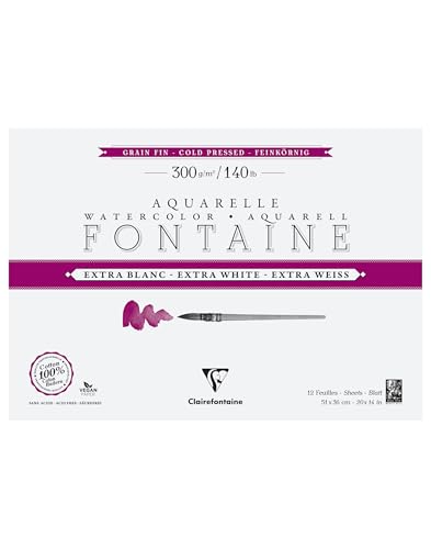 Clairefontaine 976043C - Block Aquarellpapier Fontaine Extraweiß feinkörnig, 4-seitig geleimt, 12 Bogen 300g 51x36 cm, 1 Stück von Clairefontaine