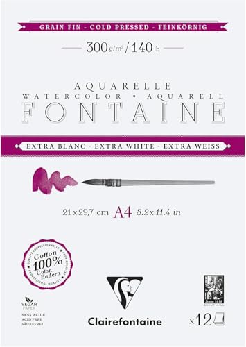 Clairefontaine 976047C - Block Aquarellpapier Fontaine Extraweiß feinkörnig, 2-seitig geleimt, 12 Bogen 300g, DIN A4, 1 Stück Clairefontaine 976047C - Block Aquarellpapier Fontaine Extraweiß feinkörnig, 2-seitig geleimt, 12 Bogen 300g, DIN A4, 1 Stück von Clairefontaine