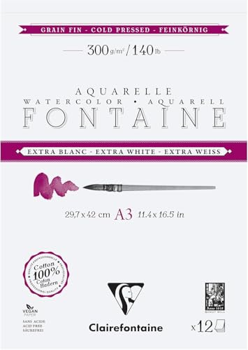 Clairefontaine 976048C Block verleimt, 2-seitig, Brunnen, extra weiß, 12 Blatt, Aquarellpapier, extra weiß, 100% Baumwolle, feine Körnung – professionelle Qualität, A3, 300 g von Clairefontaine