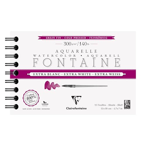 Clairefontaine 976049C - Spiralblock Aquarellpapier Fontaine feinkörnig & extraweiß 12 Bogen 300g 12x18 cm, 1 Stück von Clairefontaine