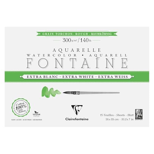 Clairefontaine 976079C - Aquarellblock Block 4-seitig geleimt, Fontaine Extraweiß Torchon rau, 15 Blatt 18x26cm, 300g , QUALITÄT, 1 Stück von Clairefontaine