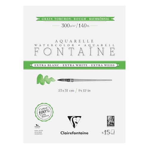 Clairefontaine 976080C - Aquarellblock Block 4-seitig geleimt, Fontaine Extraweiß Torchon rau, 15 Blatt 23x31cm, 300g , QUALITÄT, 1 Stück von Clairefontaine
