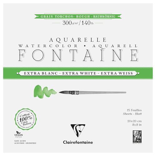 Clairefontaine 976085C - Aquarellblock / Block 4-seitig geleimt, Fontaine Extraweiß Torchon/rau, 15 Blatt 20x20cm, 300g , Premium Qualität, 1 Stück von Clairefontaine