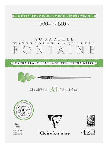 Clairefontaine 976087C Bloc Encollé 2 Côtés Fontaine Extra Blanc Grain Torchon A4 21x29,7 cm 300g - 12 Feuilles Papier Aquarelle Extra Blanc 100% Coton - Qualité Professionnelle Clairefontaine 976087C Bloc Encollé 2 Côtés Fontaine Extra Blanc Grain Torchon A4 21x29,7 cm 300g - 12 Feuilles Papier Aquarelle Extra Blanc 100% Coton - Qualité Professionnelle von Clairefontaine