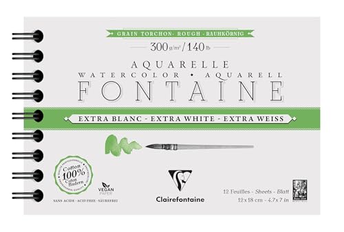 Clairefontaine 976089C Spiralalbum, Brunnen, extra weiß, Körnung, Geschirrtuch, 12 x 18 cm, 300 g, 12 Blatt, Aquarellpapier, extra weiß, 100% Baumwolle, professionelle Qualität Clairefontaine 976089C Spiralalbum, Brunnen, extra weiß, Körnung, Geschirrtuch, 12 x 18 cm, 300 g, 12 Blatt, Aquarellpapier, extra weiß, 100% Baumwolle, professionelle Qualität von Clairefontaine