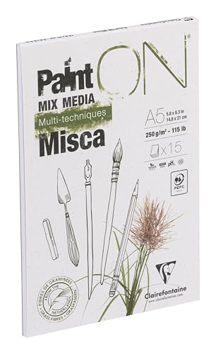 Clairefontaine 976120C - Künstlerblock/Zeichenblock/Skizzenblock PaintON Misca, DIN A5 14,8x21cm, 15 Blatt 250g, 1 Stück, weiß von Clairefontaine