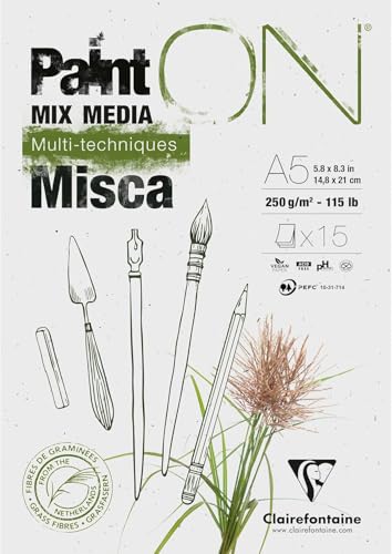 Clairefontaine 976120C - Künstlerblock/Zeichenblock/Skizzenblock PaintON Misca, DIN A5 14,8x21cm, 15 Blatt 250g, 1 Stück, weiß von Clairefontaine