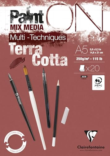 Clairefontaine 976152C - Zeichenblock / Malblock PaintON Terracotta, DIN A5, kopfseitig geleimt, 20 Blatt 250g, ideal für Mixed Media, 1 Stück von Clairefontaine