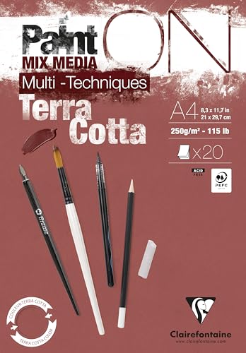 Clairefontaine 976153C - Zeichenblock / Malblock PaintON Terracotta, DIN A4, kopfseitig geleimt, 20 Blatt 250g, ideal für Mixed Media, 1 Stück von Clairefontaine