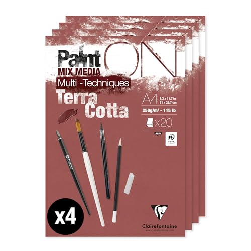 Clairefontaine 976153Cpack Paquet 4 Blocs Encollés PaintON Multi-techniques A4 21x29,7 cm 250g - 20 Feuilles Papier Dessin au Grain Légèrement Rugueux - Terracotta von Clairefontaine