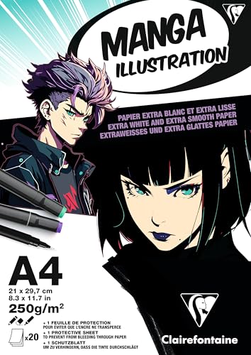 Clairefontaine 976163C Zeichenblock, geleimtes Papier, Manga, Illustration, A4, 21 x 29,7 cm, 250 g, 20 Blatt, weiß, extra glatt – Papier für Manga-Zeichnungen mit Bleistift, Tinte und Filzstiften Clairefontaine 976163C Zeichenblock, geleimtes Papier, Manga, Illustration, A4, 21 x 29,7 cm, 250 g, 20 Blatt, weiß, extra glatt – Papier für Manga-Zeichnungen mit Bleistift, Tinte und Filzstiften von Clairefontaine