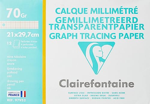 Clairefontaine 97952C - Packung 12 Bögen Transparentpapier/Millimeterpapier, DIN A4 21x29,7 cm, 70/75g, ideal für technisches und kreatives Zeichnen, biologisch abbaubar, 1 Pack von Clairefontaine