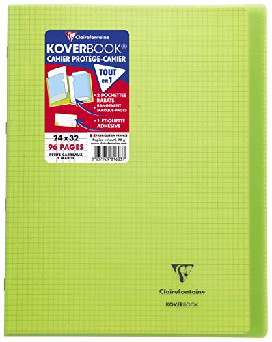 Clairefontaine 981603C - Schulheft / Heft Koverbook DIN A4+ 24x32 cm 48 Blatt 90g, kariert mit Rand, Einband aus transparentem Polypropylen, robust, geheftet, Grün, 1 Stück von Clairefontaine