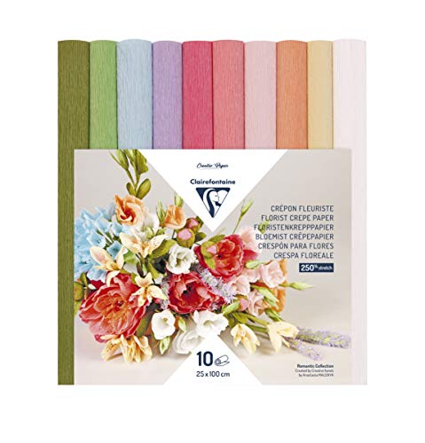 Clairefontaine 995000C Krepppapier, Floristen-Format, 25 x 100 cm, Elastizität, 250%, Grammatur 160 g, Papierblumen, nicht abfärbende Farben, 10 Pastellfarben von Clairefontaine