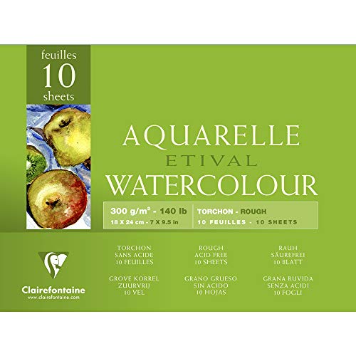 Clairefontaine 96560C - Block Aquarellpapier Etival, Torchon, 4-seitig geleimt, 10 Blatt 300g, 18x24 cm, 100% Zellulose, Studienqualität, Weiß, 1 Stück von Clairefontaine