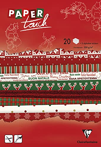 Clairefontaine 95178C - Zeichenblock / Bastelblock mit bedrucktem Bastelpapier DIN A5 14,8x21cm Magnolien 2x10 Motive und 2 Bögen Stickers mit Alphabet 22 Blatt 210g, Weihnachten, 1 Stück von Clairefontaine