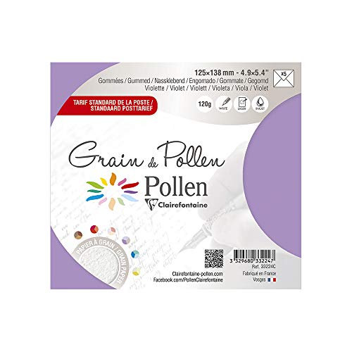 Clairefontaine 33224C - Packung mit 5 Umschlägen Pollen, 125x138 mm, 120g, gefüttert, ideal für Ihre Einladungen und Korrespondenz, Premium Papier mit feiner Körnung, Violett, 1 Pack von Clairefontaine