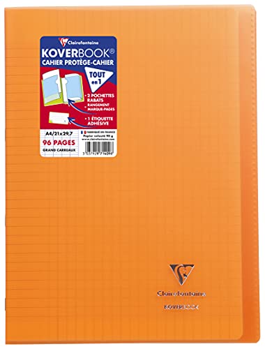Clairefontaine Koverbook Heft mit Fadenbindung, 96 Seiten, groß kariert, Einband aus Polypropylen Orange von Clairefontaine