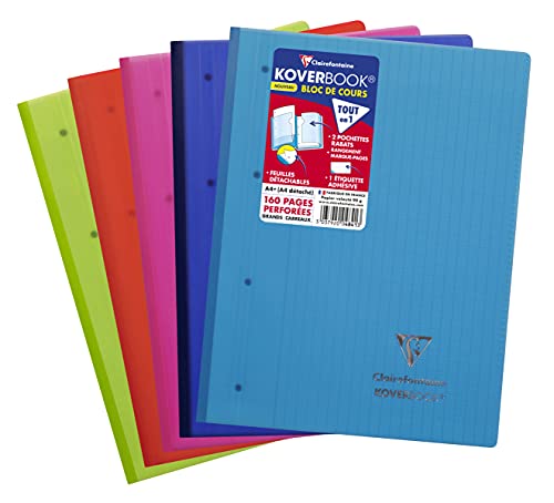 Clairefontaine 4841C -Kursusblock Koverbook DIN A4+,22,3x29,6 cm,geheftet, 80 Blatt 90g, abtrennbar, 4-fach gelocht,französische Lineatur,Einband aus transparentem Polypropylen,farbig sortiert,1 Stück von Clairefontaine