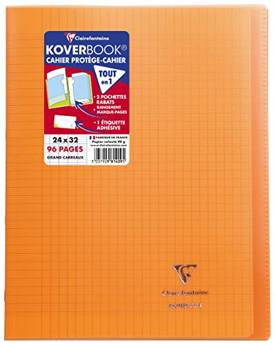 Clairefontaine 981409C - Schulheft / Heft Koverbook DIN A4+ 24x32 cm 48 Blatt 90g, französische Lineatur, Einband aus transparentem Polypropylen, robust, geheftet, Orange, 1 Stück von Clairefontaine