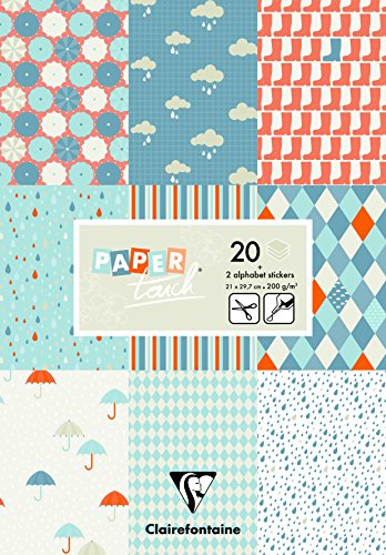 Clairefontaine 95240C - Block Paper Touch mit 20 Bögen bedruckten Bastelkarton 200g DIN A4 21x29,7 cm + Stickers Alphabet + Etiketten, für Scrapbooking und Bastelaktivitäten, Regen, 1 Stück von Clairefontaine