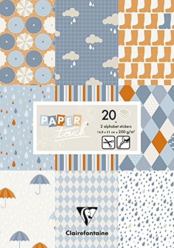 Clairefontaine 95241C - Block Paper Touch mit 20 Bögen bedruckten Bastelkarton 200g DIN A5 14,8x21 cm + Stickers Alphabet + Etiketten, für Scrapbooking und Bastelaktivitäten, Regen, 1 Stück von Clairefontaine