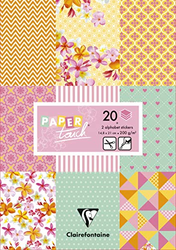 Clairefontaine 95239C - Block Paper Touch mit 20 Bögen bedruckten Bastelkarton 200g DIN A5 14,8x21 cm + Stickers Alphabet + Etiketten, für Scrapbooking und Bastelaktivitäten, Shabby, 1 Stück von Clairefontaine