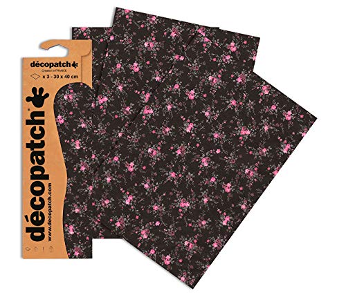 Decopatch Papier No. 565 (pink schwarz Streublümchen, 395 x 298 mm) 3er Pack von Decopatch