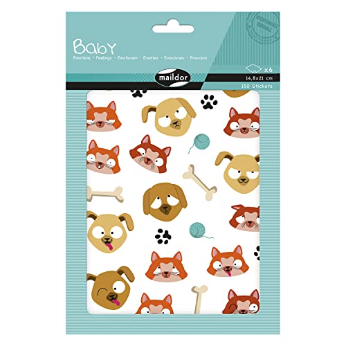 Maildor AE220C - Packung mit 6 Stickerbogen Baby, 14,8x21 cm, 150 Sticker, Emotionen Hund/Katze, 1 Pack von Maildor