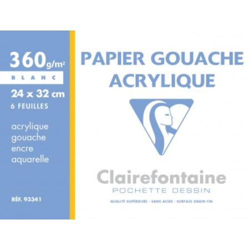 Packung mit 6 Blättern Papier Gouache & Acryl, 360 g/m2, 24 x 32, weiß – 5 Stück von Clairefontaine