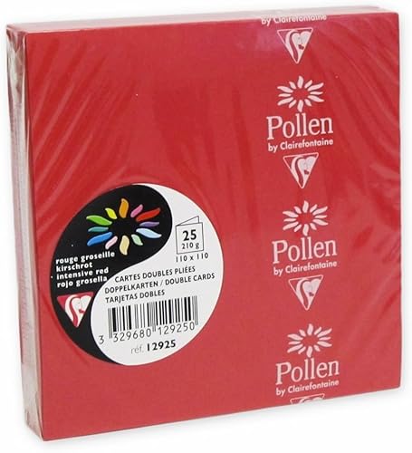 Clairefontaine 12925C - Packung mit 25 Doppelkarten Pollen 110x110mm 210g gefaltet, ideal für Ihre Einladungen und Korrespondenz, Kirschrot, 1 Pack von Clairefontaine