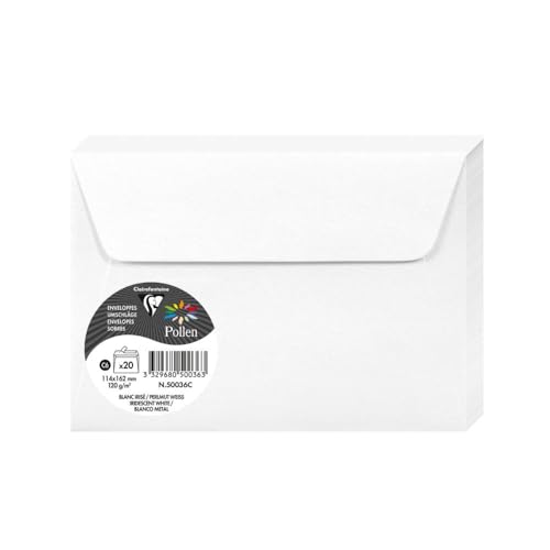 Clairefontaine 50036C - Packung mit 20 Umschläge selbstklebend, Format C6 (11,4x16,2cm), 120g, ideal für Einladungen und Korrespondenz, Weiß Perlmutt, 1 Pack von Clairefontaine