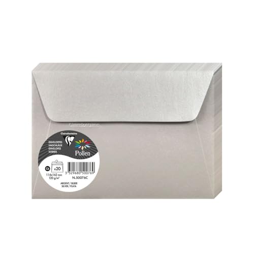 Clairefontaine 50076C - Packung mit 20 Umschläge Pollen selbstklebend, Format C6 11,4x16,2cm, 120g, ideal für Ihre Einladungen und Korrespondenz, Silber, 1 Pack von Clairefontaine